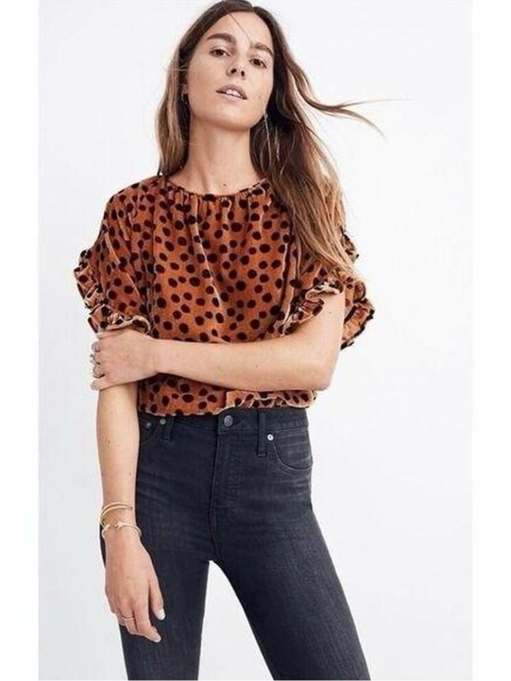 Madewell Velvet Polka Dot Puff Sleeve Top Brown Black Size Small